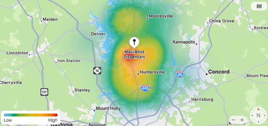 Apple Maps heat map showing where users were when they requested directions to the MauiBoyz location.