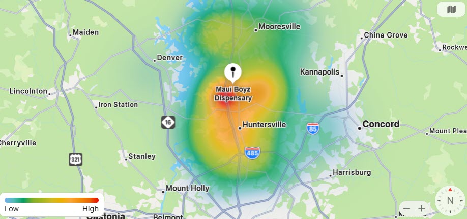 Apple Maps heat map showing where search-result taps originated before users opened the MauiBoyz location listing.